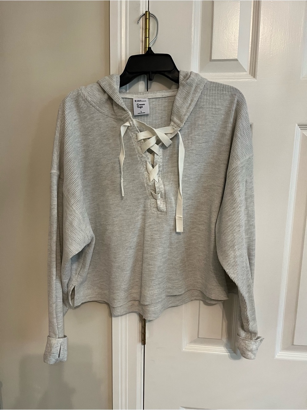 Stylish Cropped Waffle Lace-Up Hooded Pullover - Cute and trendy